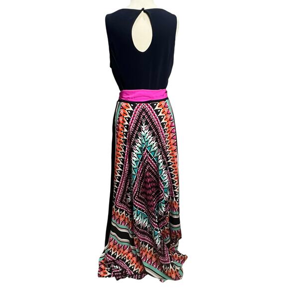 Eliza J Maxi Dress Women 14 Black Multicolor Scarf Print Jersey Sleeveless Lined - Picture 6 of 15